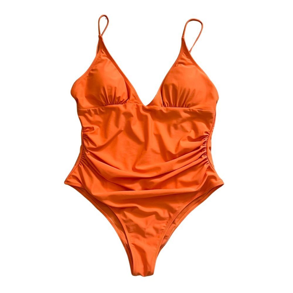 One Piece Swimsuit Bathing Suit V-Neck Draped Orange L